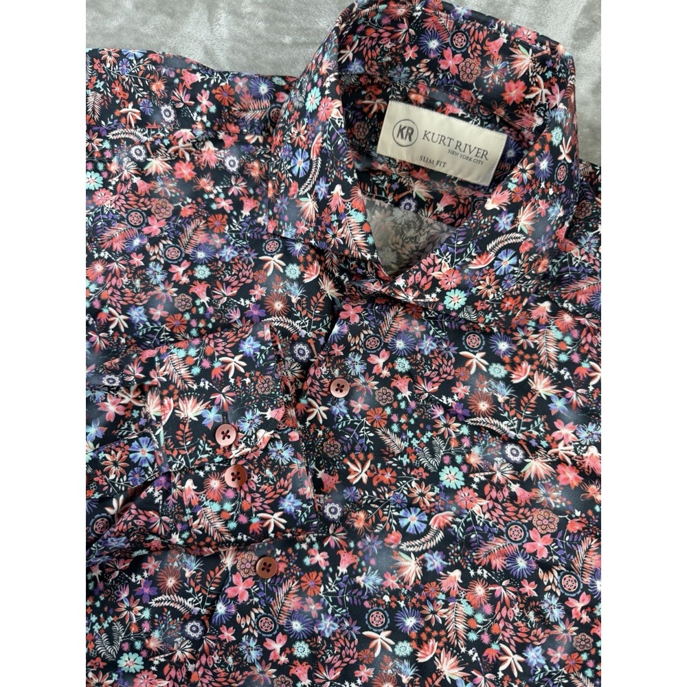 Kurt River Shirt Men's Size Medium Pink Floral Print Buttonup Long Sleeve Cotton